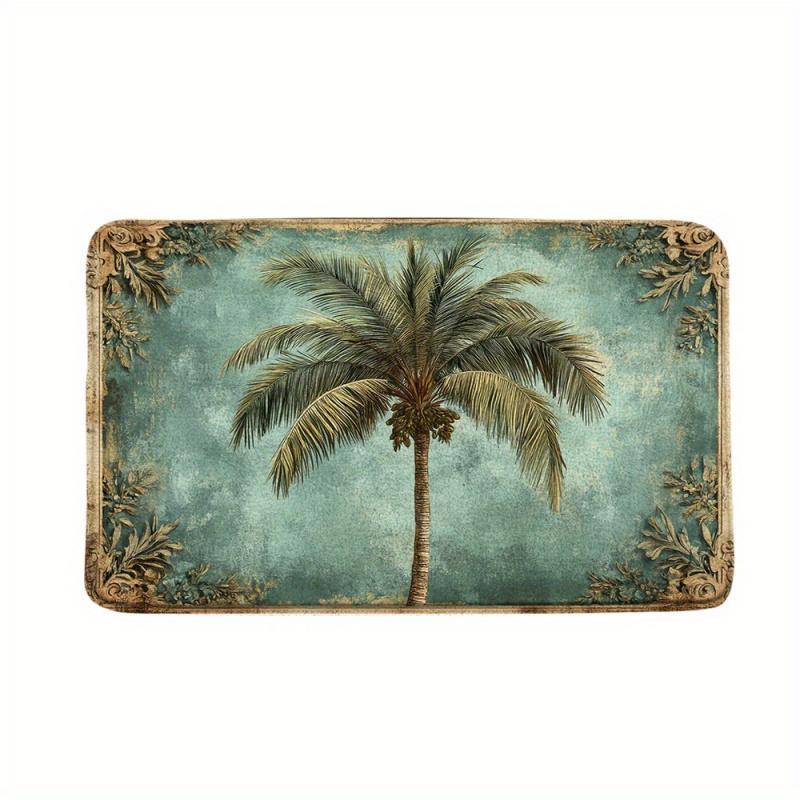 Tropical Retro Palm Tree Bath Mat Teal Background Eco Friendly Skin Friendly Ultra Soft Flannel Floor Rug Premium Non Slip Durable Absorbent Decorative Doormat For Bathroom Bedroom Living Room Kitchen Balcony Entryway Indoor Home Decor set