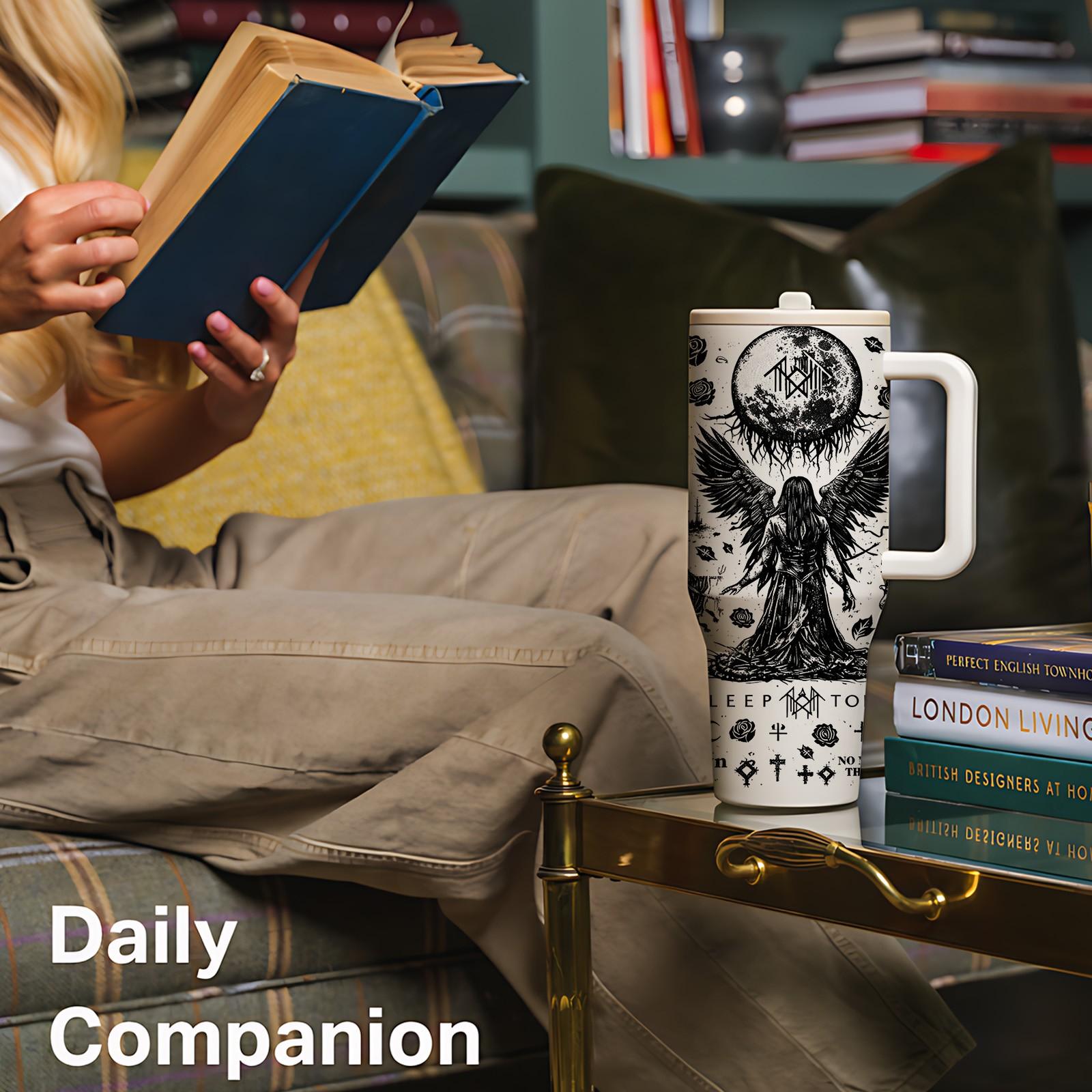 Auracup 1pc 40oz Sleep Token Insulated Tumbler with Handle and Straw, Gothic Angel Moon Art Stainless Steel Travel Mug, Vacuum Water Bottle Keeps Drinks Cold Hot for Hours, Large Capacity Car Coffee Cup Gift, Thermos Cup