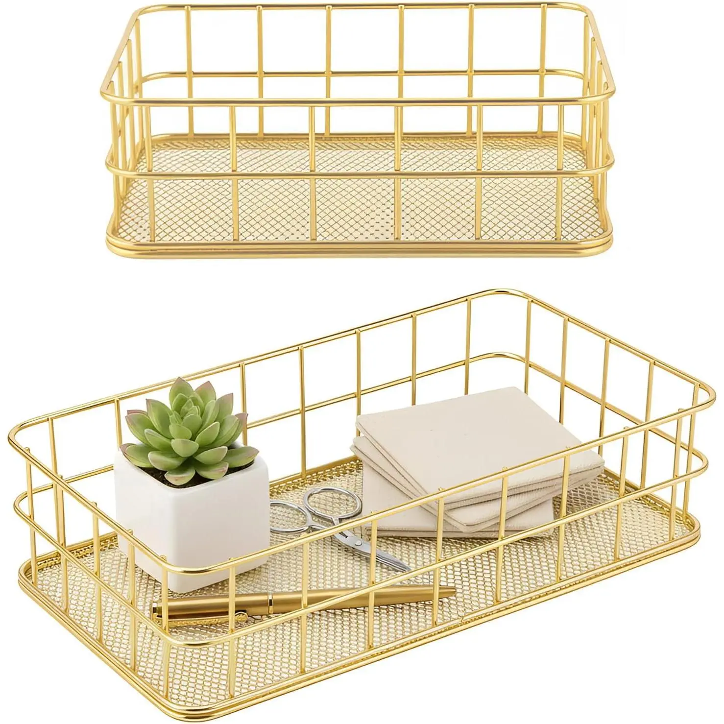 2Pcs Gold Wire Baskets, Large Small Mesh Organizer for Wedding Bath Desk| 2-size gold metal baskets 10"x6.6" & 6.6"x4.6", holds cards candy makeup keys for wedding bath office