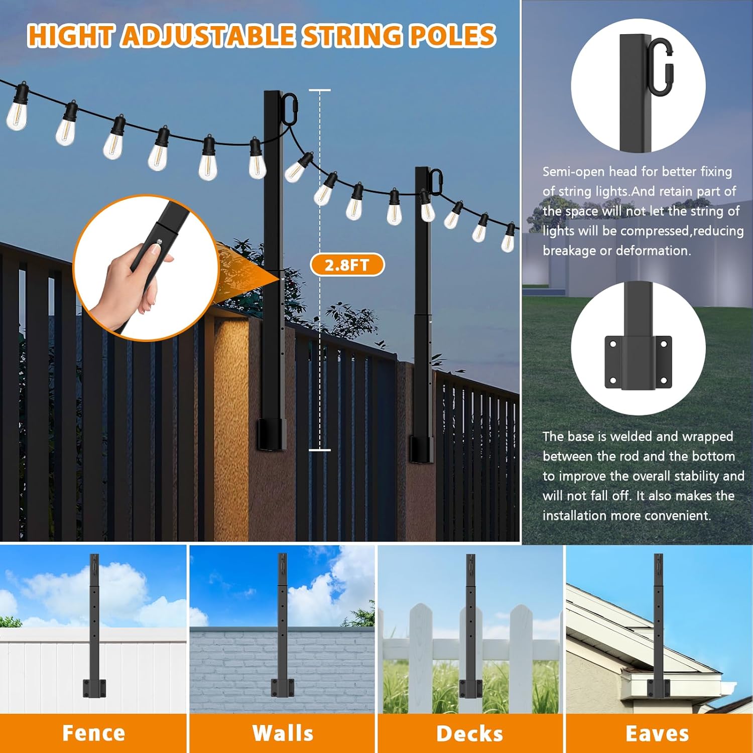 6 Pack String Light Poles,2.8 Ft Metal Poles for Outdoor String Lights,Outdoor Light Poles,Poles//Stand for Outside