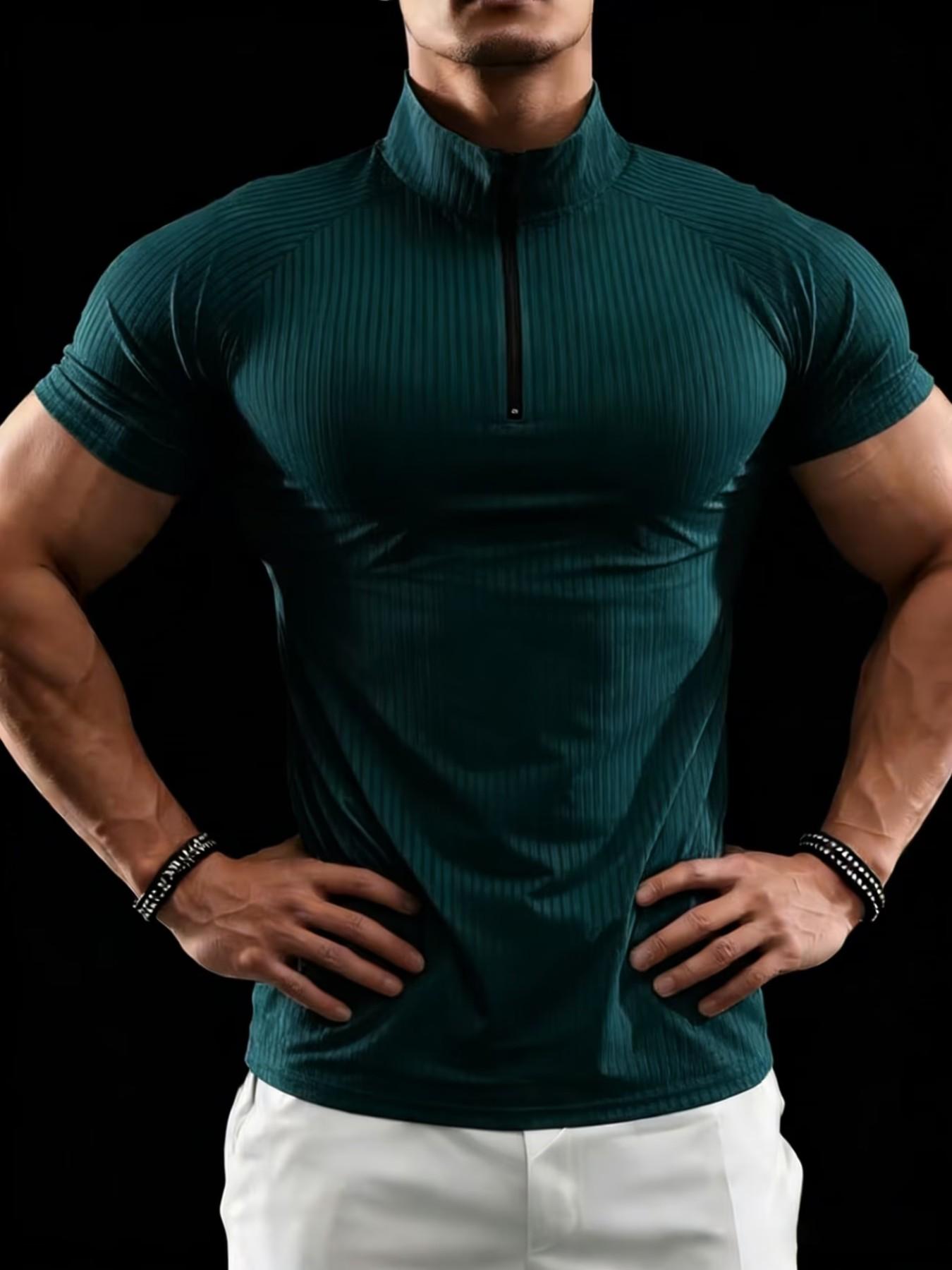 Men's Slim Fit Short Sleeve Quarter Zip Polo Shirt, Quick Dry Breathable Ribbed Sports T-Shirt, Gym Fitness Running Casual Wear