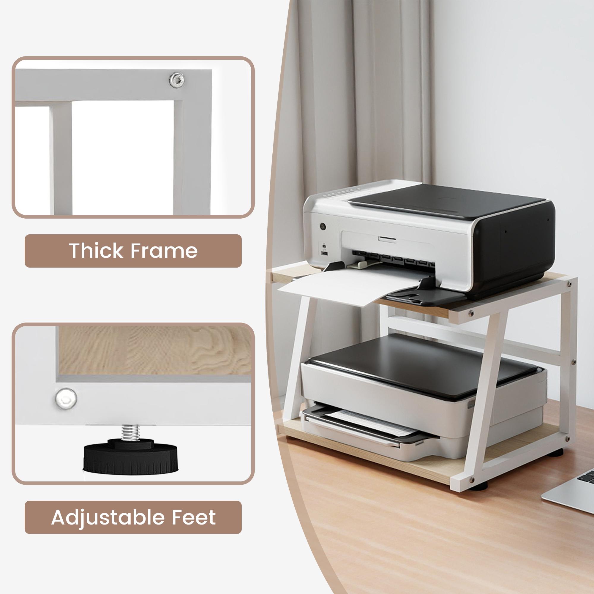 2-Tier Printer Stand for Desk, Desktop Organizer with Storage, Modern Steel Frame Design, Easy 5-Minute Assembly, Space-Saving, Stylish Natural Oak, Multi-Function Holder Stand Adjustable Counter Chairs Office Chair White Black