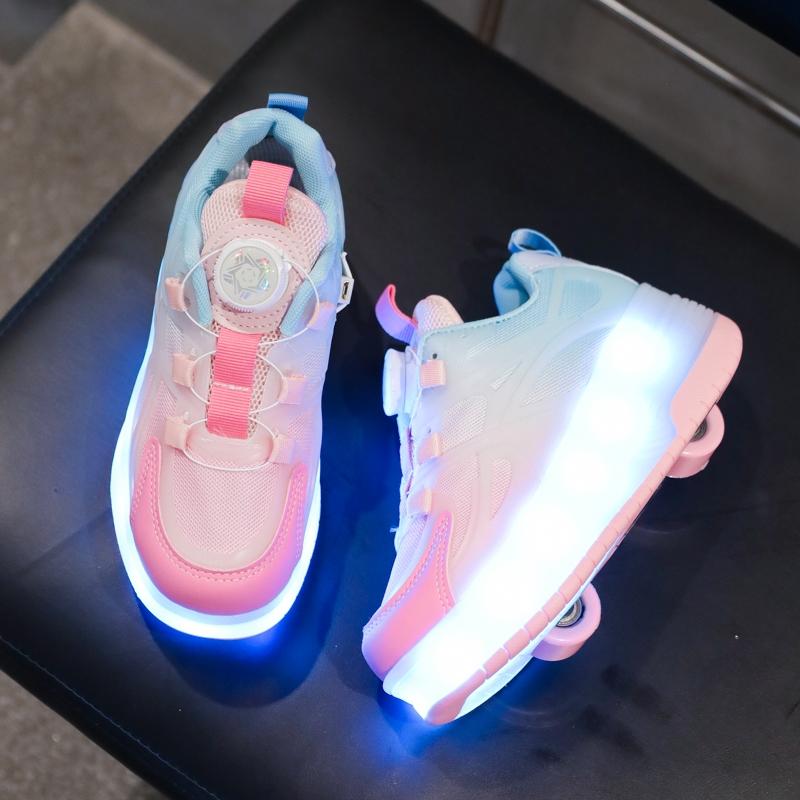 16 Color Modes USB Rechargeable LED Roller Shoes for Boys Girls, EUR 28-40 Rotary Buckle Breathable Mesh Light Up Wheels Sneakers, Kids Teens Luminous Roller Skates Shoes, Single Double Wheels Heelys for Outdoor Sports, Birthday Gifts for US EU KSA JP