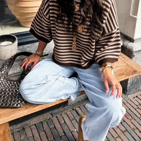 New Y2K Elegant Loose Fit Women's Pullover, Striped Long Sleeve Knit Top, Winter Casual Wear, Perfect for Daily & Weekend Style