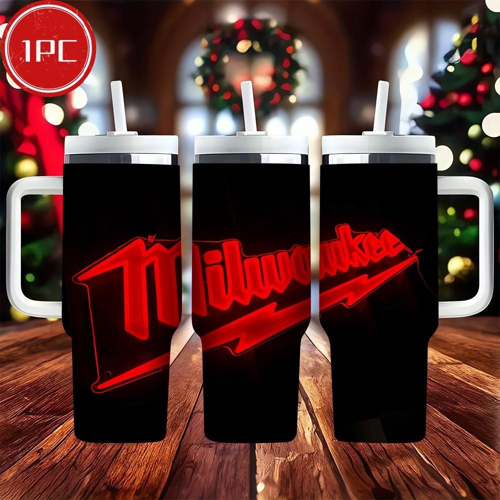 1pc 40oz Milwaukee Neon Style Thermos Cup, Reusable 2026 New Arrival with Straw & Lid, Perfect Gift for Office, Hot Drinks & All Occasions