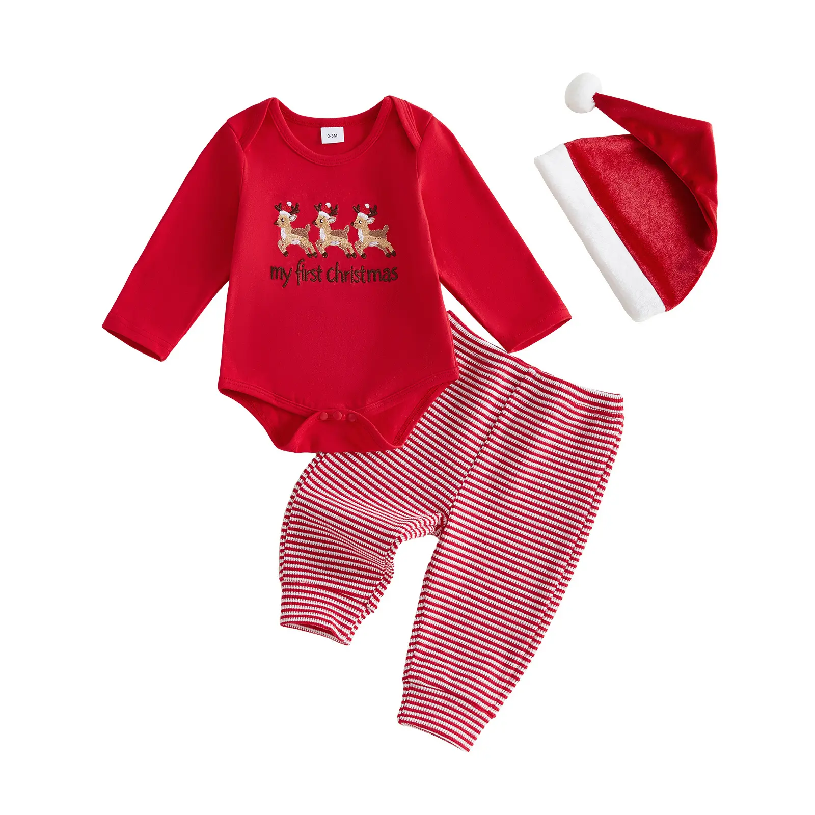 Babamoon Newborn Infant Baby Boy Girl My First Christmas Outfits Set Deer Embroidery Crew Neck Rompers Tops Pants and Hat Clothes Set 0-18M