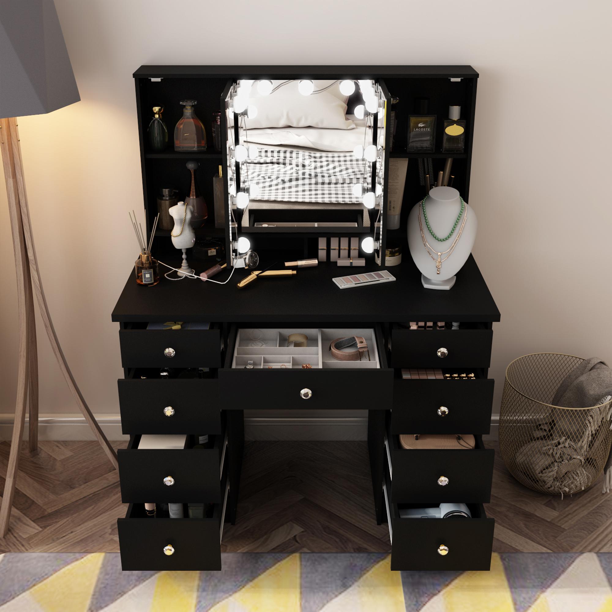 FUFUGAGA-43.3"W Vanity Desk With 9 Drawers, Makeup Desk With 3-Mirror And Touch Screen Light, Dressing Makeup Table For Bedroom