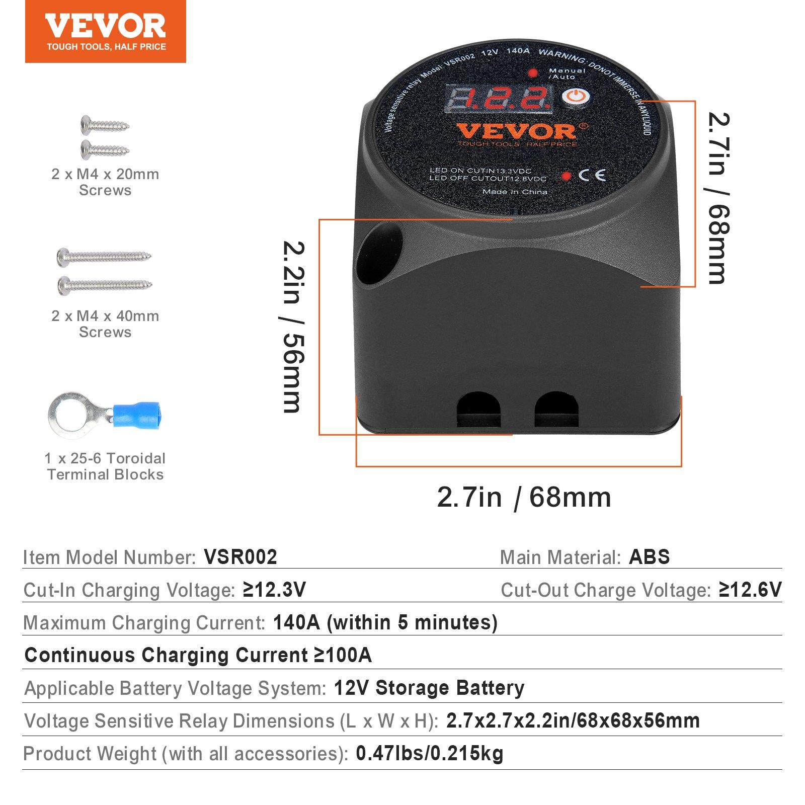 【FathersDayGift】 VEVOR Dual Battery Isolator Kit, 12V 140Amp, Manual and Auto Modes VSR Voltage Sensitive Relay with LCD Screen, Smart Battery Isolator for ATV UTV RV Camper Off-Road Vehicle Caravan Truck Boat Yacht 【FathersDayGift】 VEVOR Dual Battery Isolator Kit, 12V 140Amp, Manual and Auto Modes VSR Voltage Sensitive Relay with LCD Screen, Smart Battery Isolator for ATV UTV RV Camper Off-Road Vehicle Caravan Truck Boat Yacht