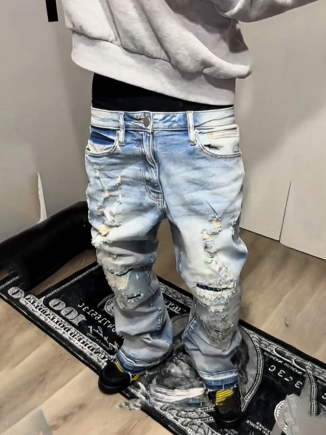 Washed Micro Flare Jeans, Streetwear Layering Denim Jeans, Loose-Fit Button Fly, All-Season Daily Wear, Casual Style