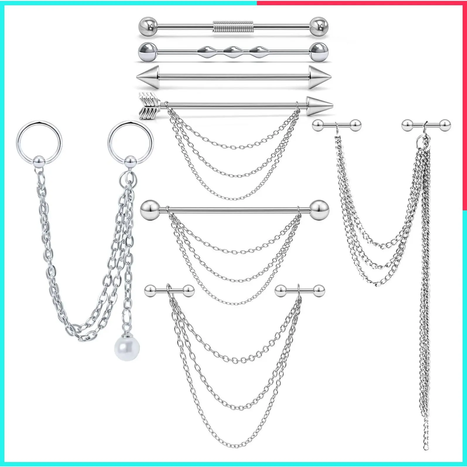 Women's Industrial Chain Earrings - Surgical Steel Barbell Piercing Jewelry