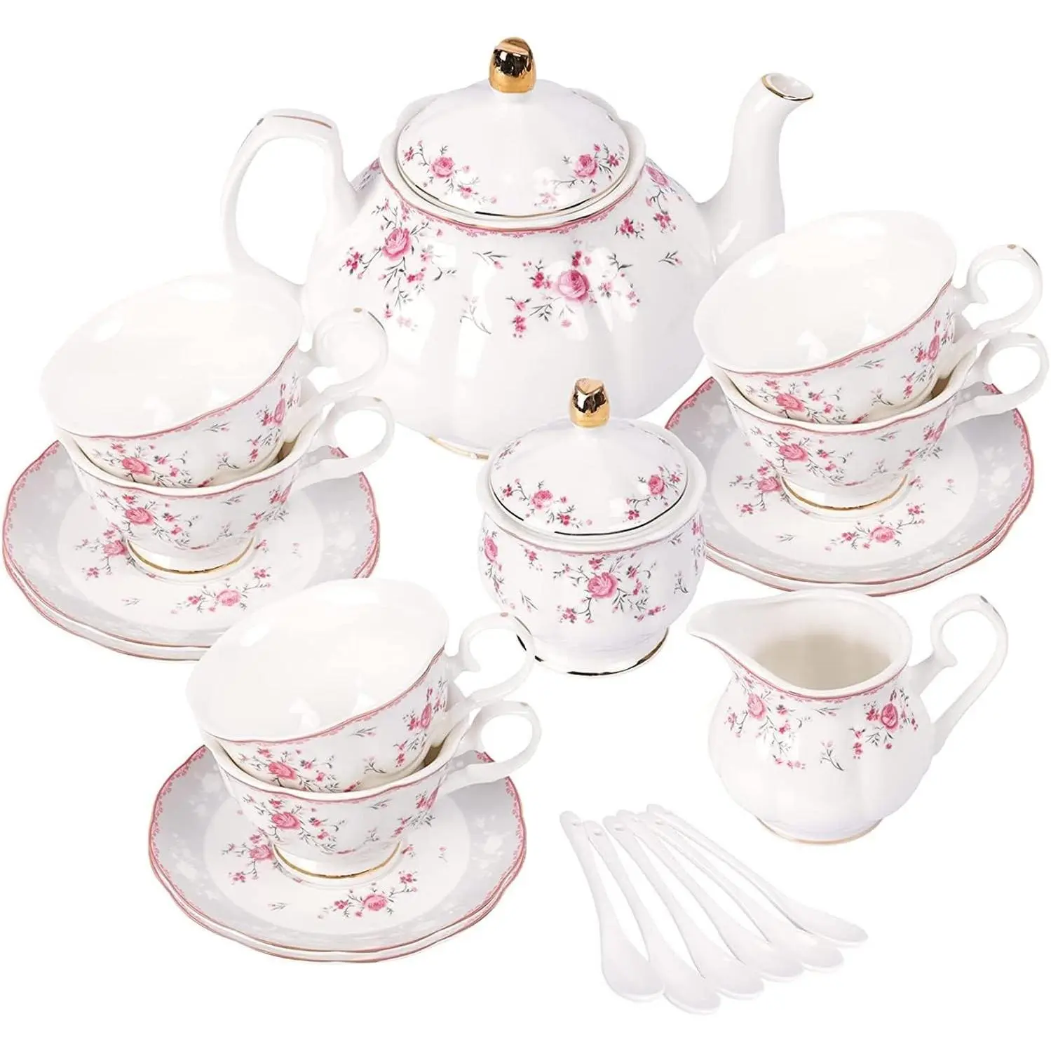 Vintage Porcelain Tea Set for Women Tea Party, Cup and Saucer Set for 6, Wedding Floral Teapot Set for Adults, Pink Rose