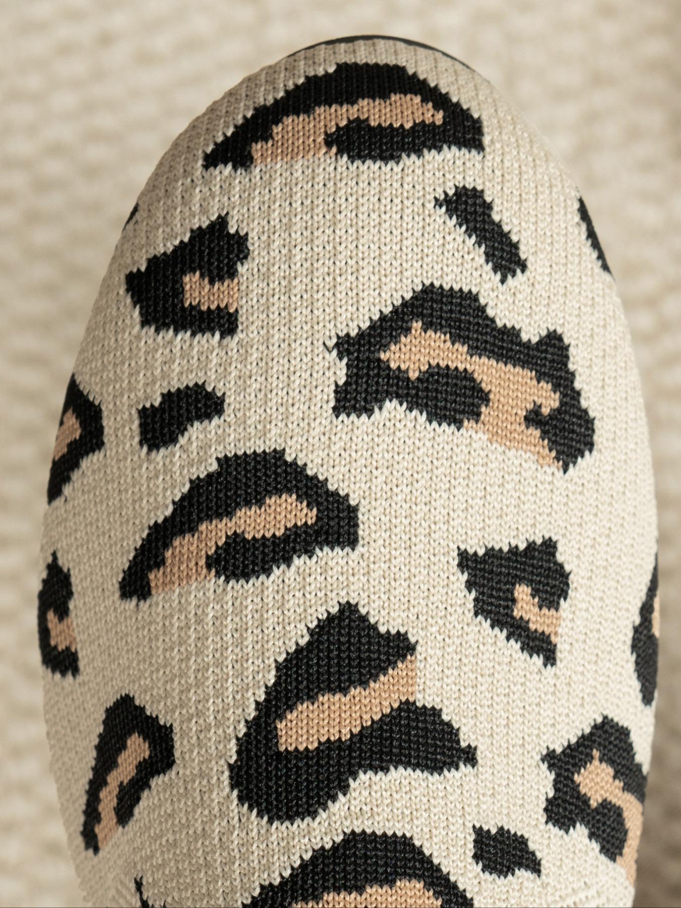 Women's Fashion Knitted Leopard Print Flat Shoes, Slip On Shoes, Casual Shoes, Elegant Versatile Basic Design, Comfortable Large Size, Suitable for Home and Outdoor