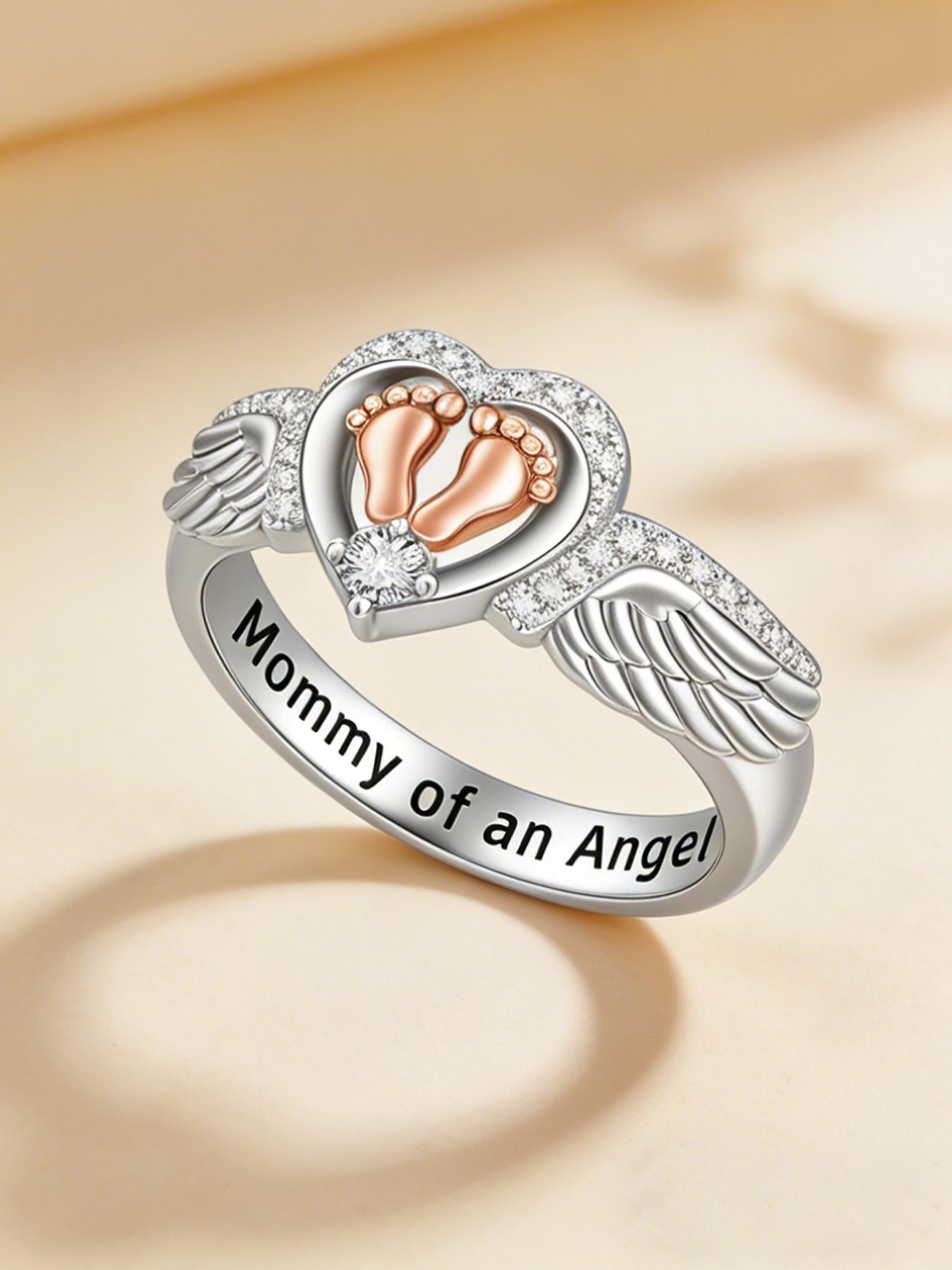 Angel Ring Mom's Edition, Angel Wings Baby Footprint Heart-shaped Ring - A commemorative piece of jewelry for those who have lost a baby, a meaningful gift for mothers as a token of sympathy, a Mother's Day present.