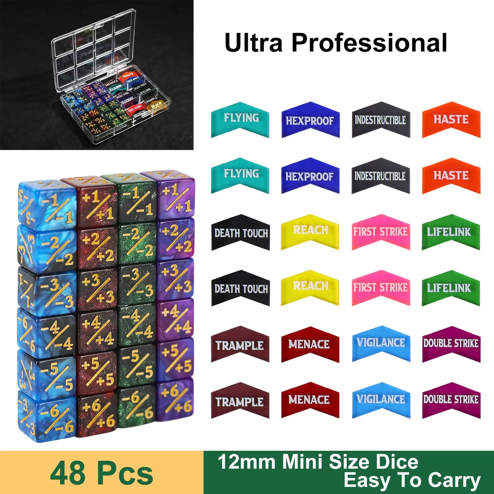 48Pcs 12mm MTG Dice Counters +1-1 D6 Dice & Keyword Counters Set For Magic The Gathering , TCG, Card Games Accessories
