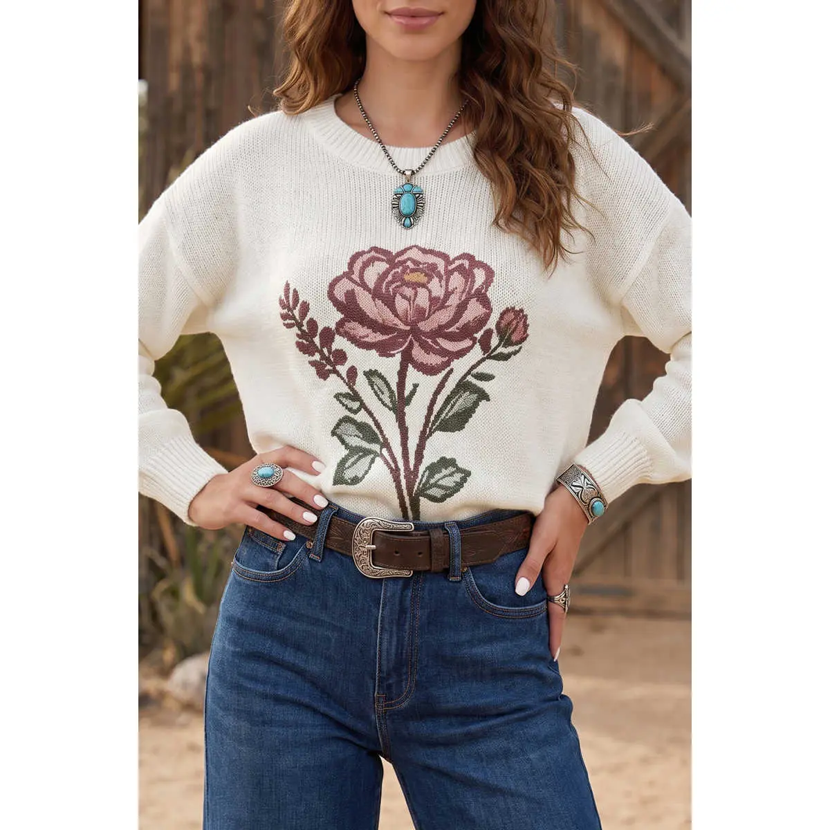White Western Floral Dropped Shoulder Lightweight Knit Sweater