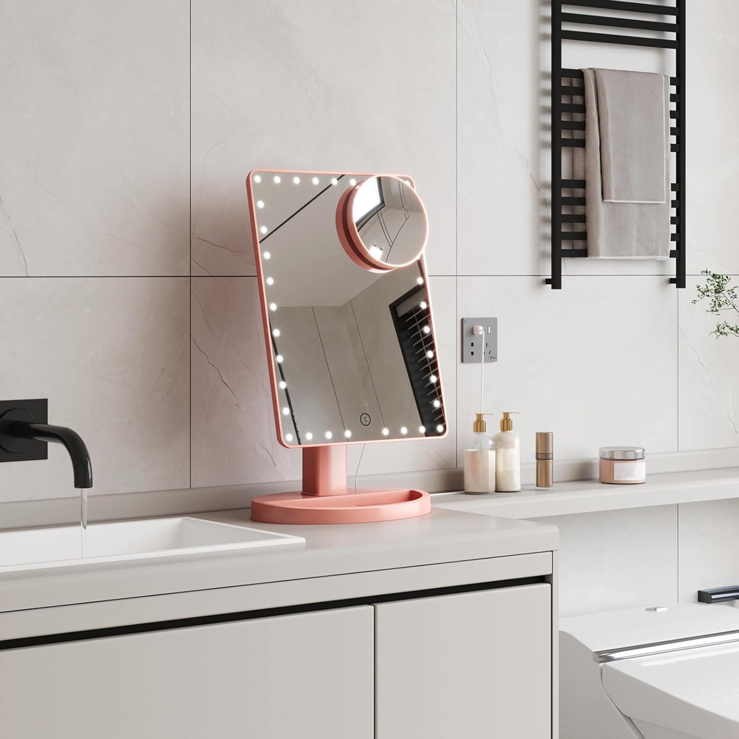 Large Lighted Makeup Mirror with Lights, Light Up Mirror with Small 10x Magnification for Desk, 360?Rotation  Screen,Brightness Adjustable Tabletop   Make Up Mirror
