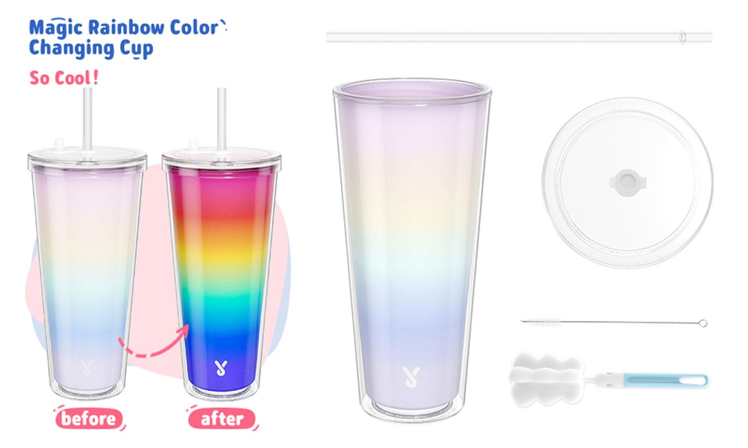 Meoky 24oz color changing cup with lid and straw, straw brush and cup brush, leak-proof plug, Tritan material, suitable for self-driving travel, family activities, gifts Tumbler Washable