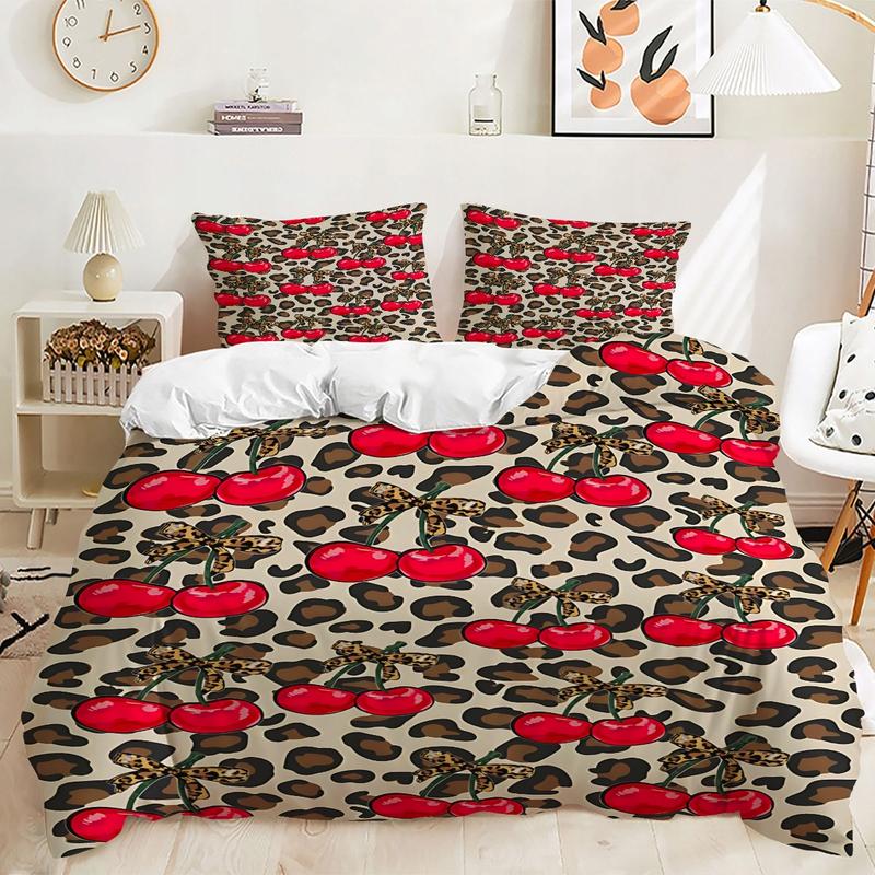 2/3Pcs Leopard Print Cherry Pattern Duvet Cover Set , Retro Sweet and Cool Girl Style Bedding Set, Wild Tension, Sweet Vitality, Full of Retro Sweet and Cool Bedroom Atmosphere, Including 1 or 2 Pillowcases - No Padding/Zipper Closure
