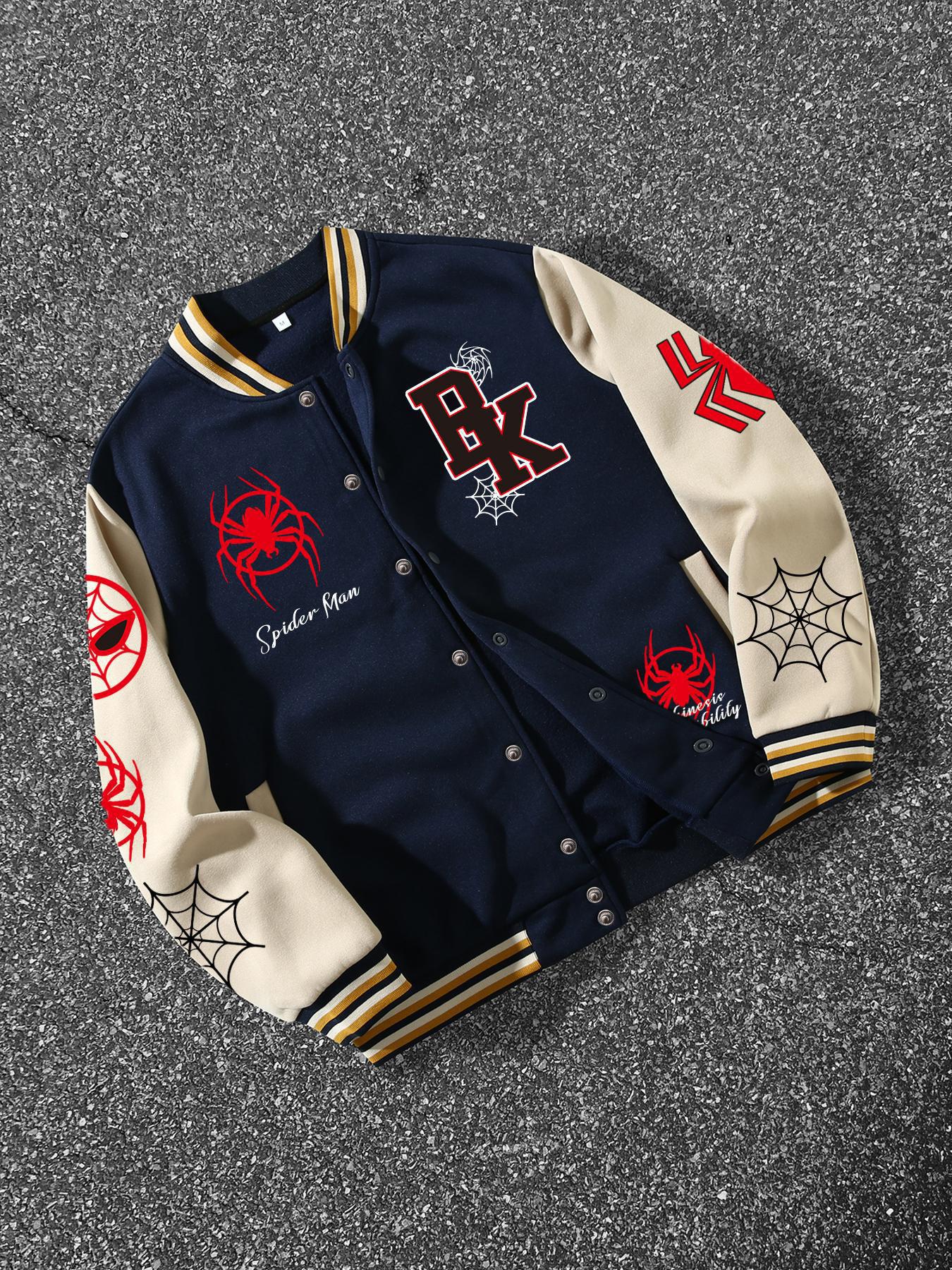 Spider-Man Street Style Baseball Jersey Jackets, Patchwork Sleeves, Full Spider Logo, Fitted Design, Fall & Winter Fashion