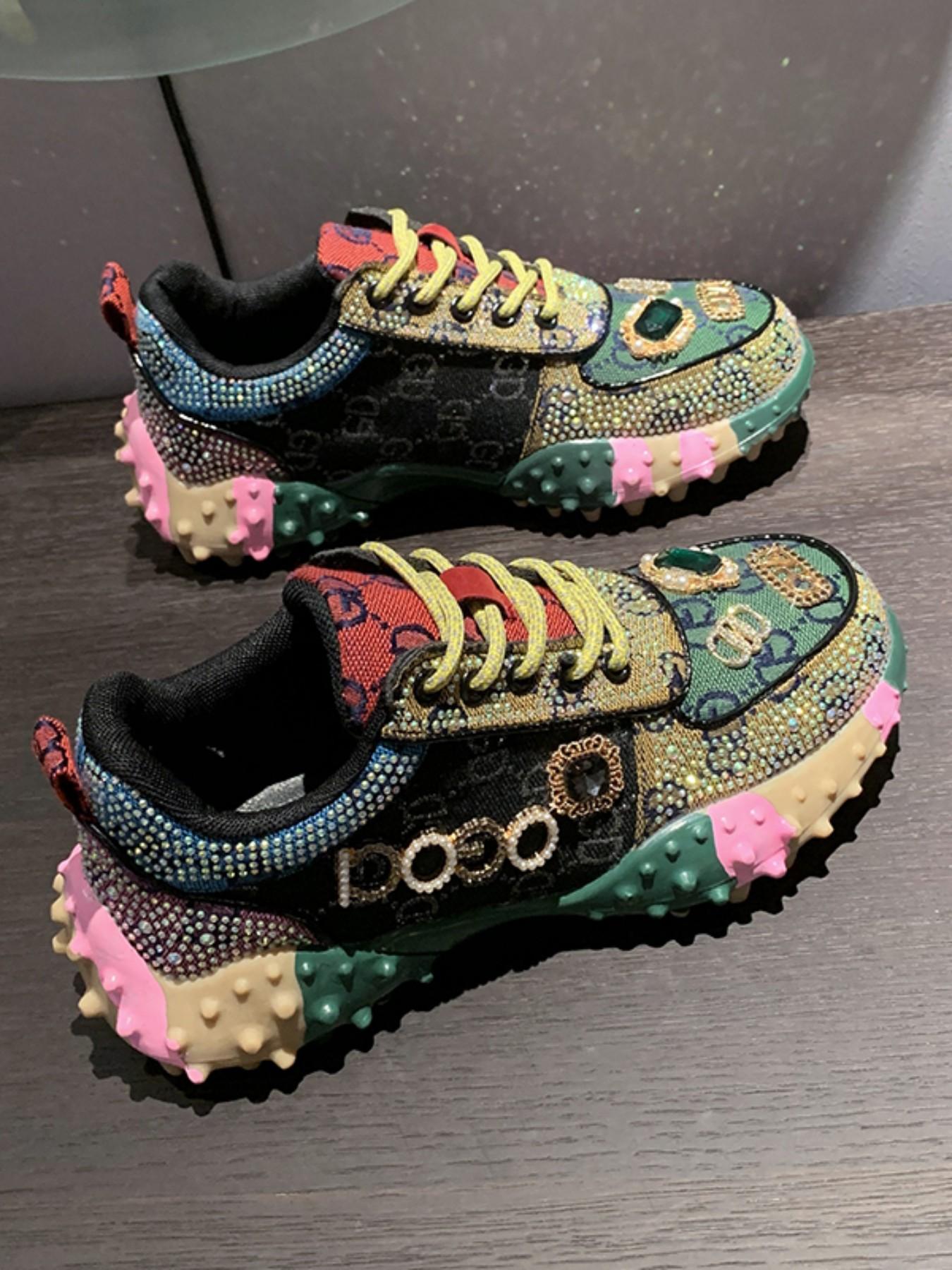 Women's Thick Sole Height Increasing Dad Shoes, Handmade Embellished Fashion Luxury Casual Women's Shoes, Unique Design Comfortable Sneakers