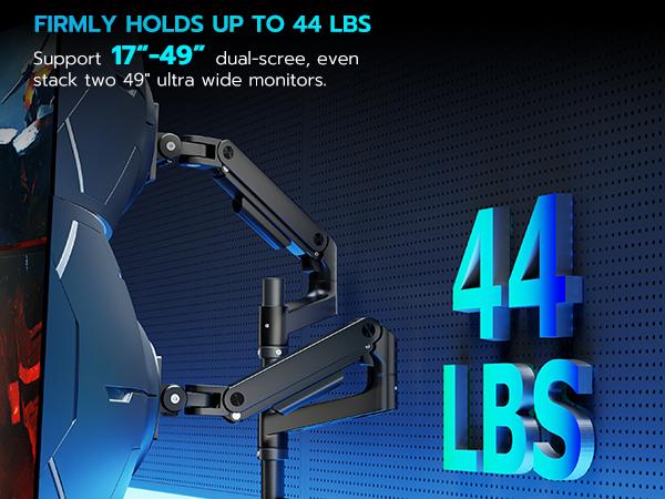 ARES WING Single/Dual Monitor Arm for Ultrawide Heavy Duty Curved Monitor Stacking, Fits 17-49 Inch, Vertical Gas Spring Double Monitor Mount with USB, Ergonomic Office Adjustable Dual Monitor Mount