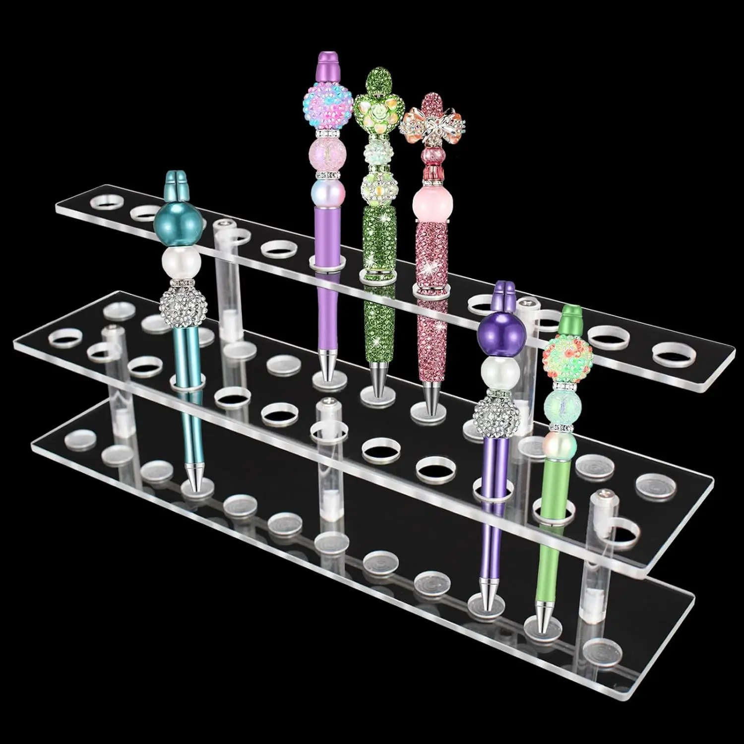 2 Tier Clear Acrylic Pen Display Stand with 24 Slots, 1.5cm Acrylic Holder for Beadable Pen Pencil Storage & Display