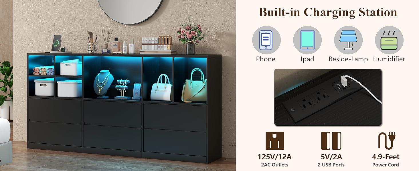 Dresser for Bedroom with 6 Drawers, Chest of Drawers with Led Lights&Charging Station, Storage Drawers with 7 Open Cubbies cicada  drawer nursery  dresser living room drawer