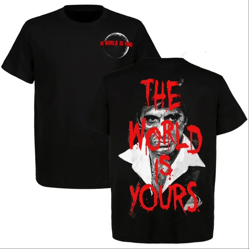 Graphic T-Shirt Scarface The World Is Yours Tee, Tony Montana Mens Double Sided Graphic Shirt, Vintage Retro 90s Movie Streetwear, Unisex Print, Y2K Casual Short Sleeve Tee, Al Pacino Fan Gift, Trending Movie Apparel, Hip Hop Style
