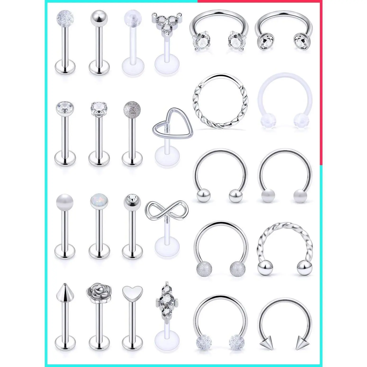 16G Stainless Steel Piercing Jewelry: Lip Rings, Horseshoe, Snake Bite, Monroe, Labret, Medusa, Tragus, Daith, Forward Helix, Conch, Cartilage Earrings Studs for Women Men