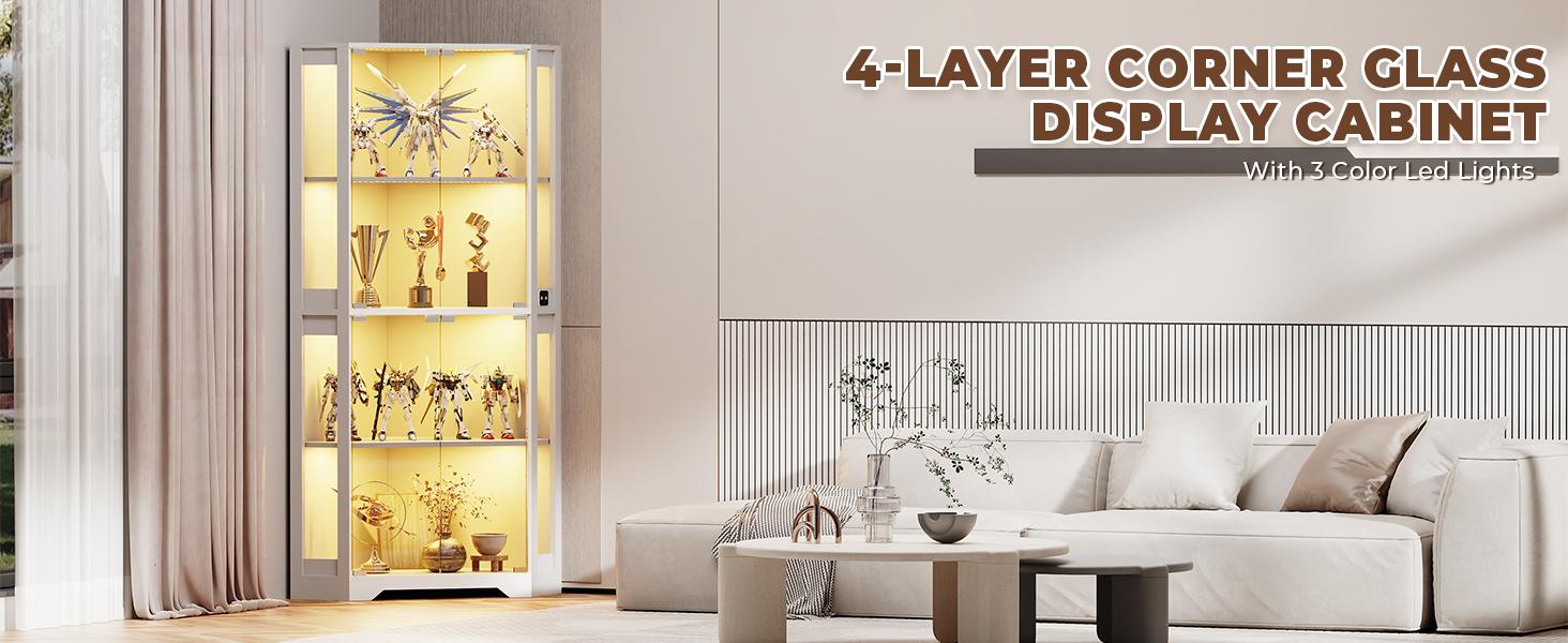 MIIFUNY Corner Display Cabinet with Glass Doors, 65" Lighted Curio Display Case with 3 Color Lights for Collectibles, 4-Tier Bookcase with Human Body Sensor for Living Room, White MIIFUNY Corner Display Cabinet with Glass Doors, 65" Lighted Curio Display Case with 3 Color Lights for Collectibles, 4-Tier Bookcase with Human Body Sensor for Living Room, White
