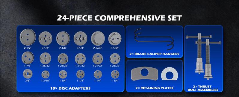 Orion Motor Tech24pcs Heavy Duty Disc Brake Caliper Tool Set Disc Brake Caliper Compressor Wind Back Tool Brake Spreading Tools, Red/Blue/Black Brake Caliper Tool Set,Fits Most American, EU, JP Autos Repair Tool Set, Adjustable Kit