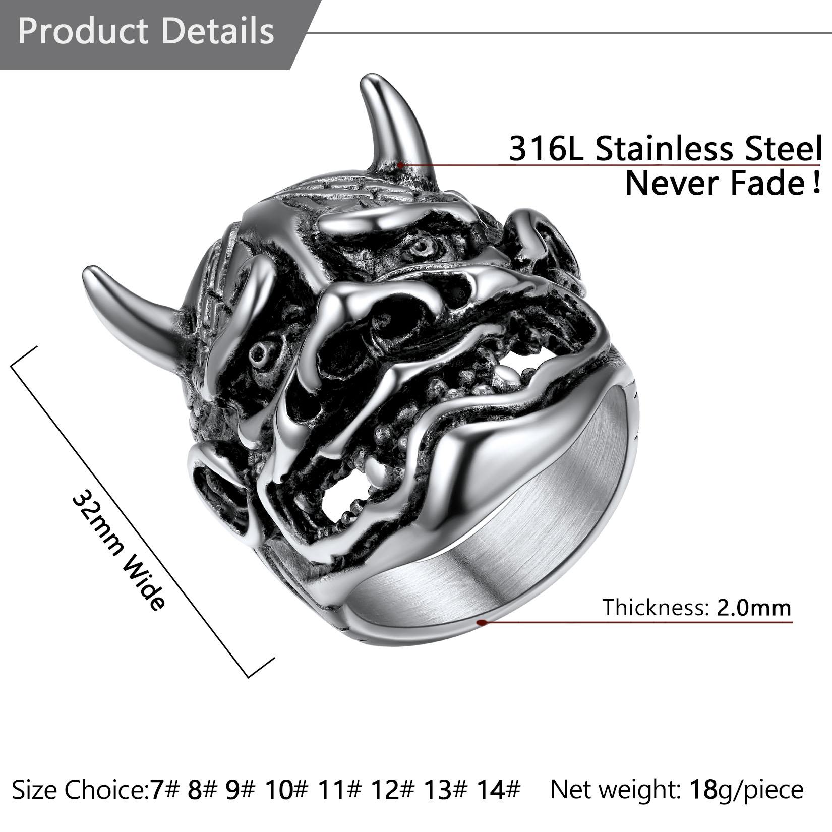 U7 Gothic Hannya Mask Skull Ring Cool Biker Jewelry Men's Cool Signet Ring for Halloween