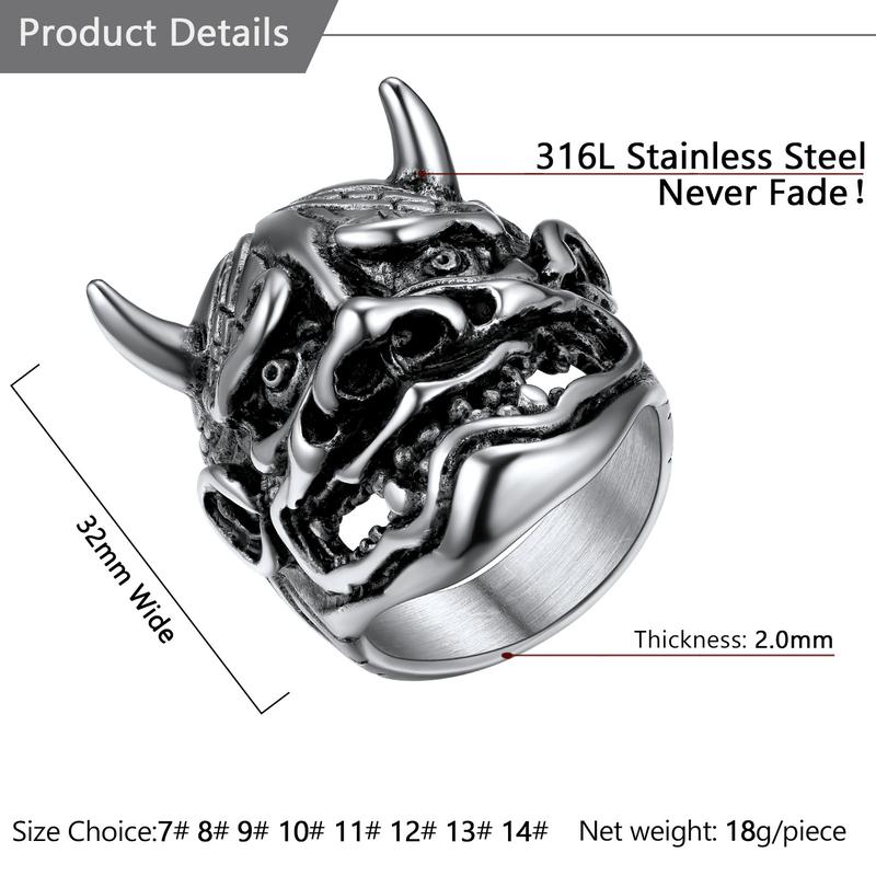 U7 Gothic Hannya Mask Skull Ring Cool Biker Jewelry Men's Cool Signet Ring for Halloween