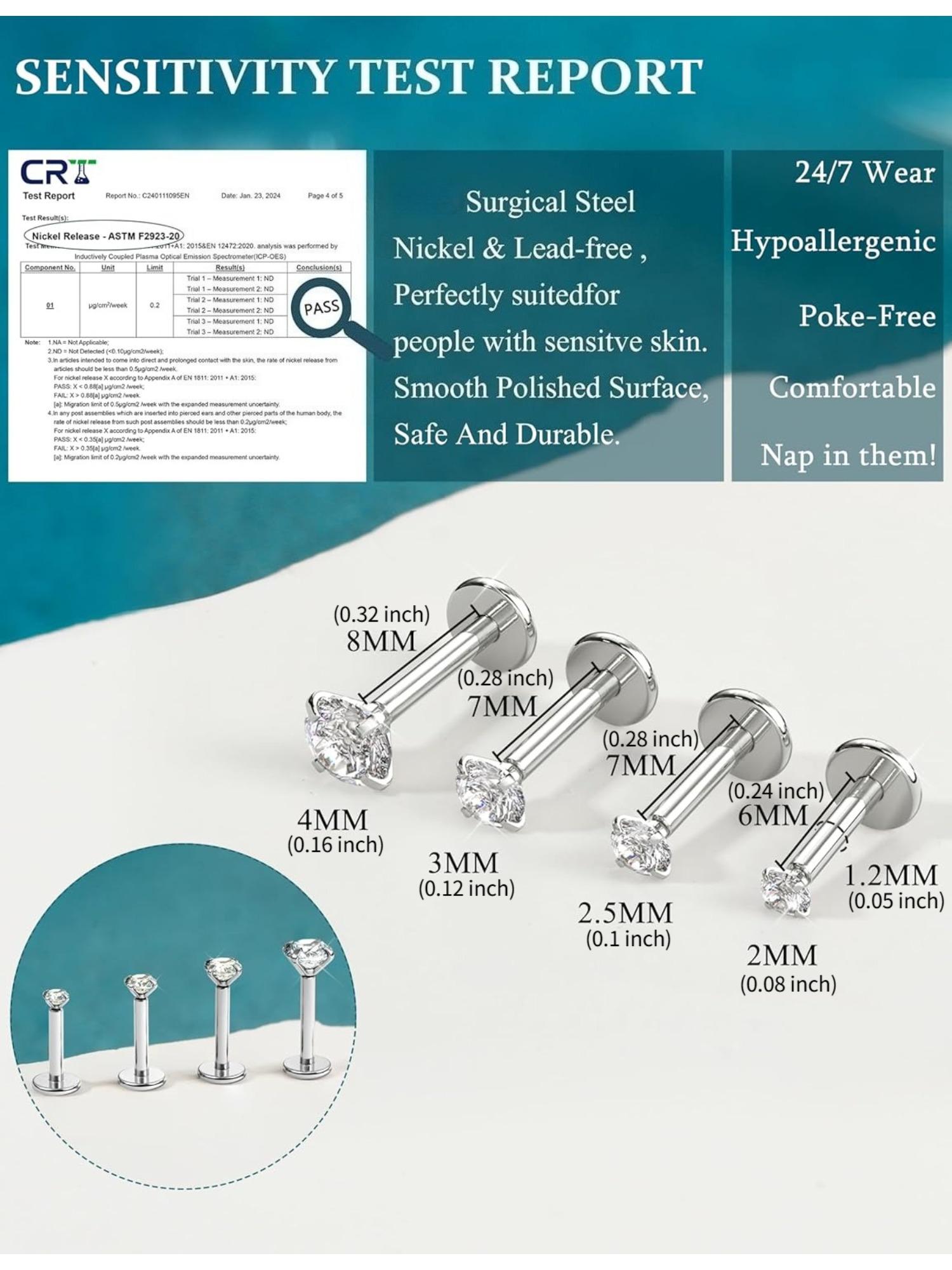 9 Pcs Threadless Nose Studs CZ Nose Rings for Women Men Surgical Steel Labret Studs Lip Rings Push in Flat Back Stud Earrings CZ Nose Nostril Tragus Helix Piercing Jewelry