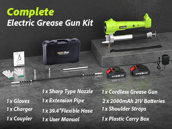 Electric Grease Gun Tool, TaskStar 10000 PSI Cordless Grease Gun with 39.4”Flexible Hose,2 Batteries and Charger, Super Bright LED Light, Green Grease Gun for Trucks, Farm Machine