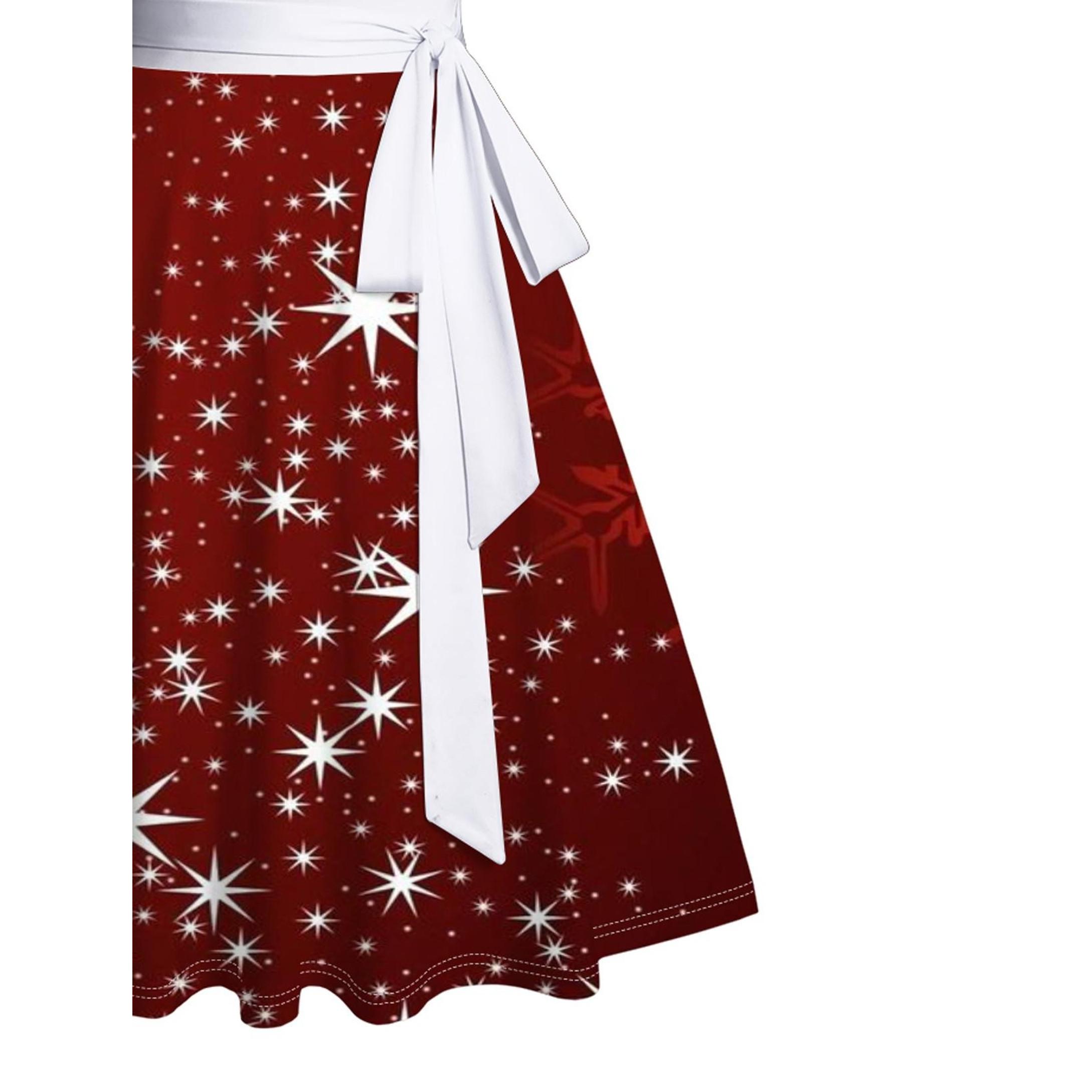 Women's Christmas Snowflake Print Belted Mini Dress Short Sleeve Button Up Matching Outfit