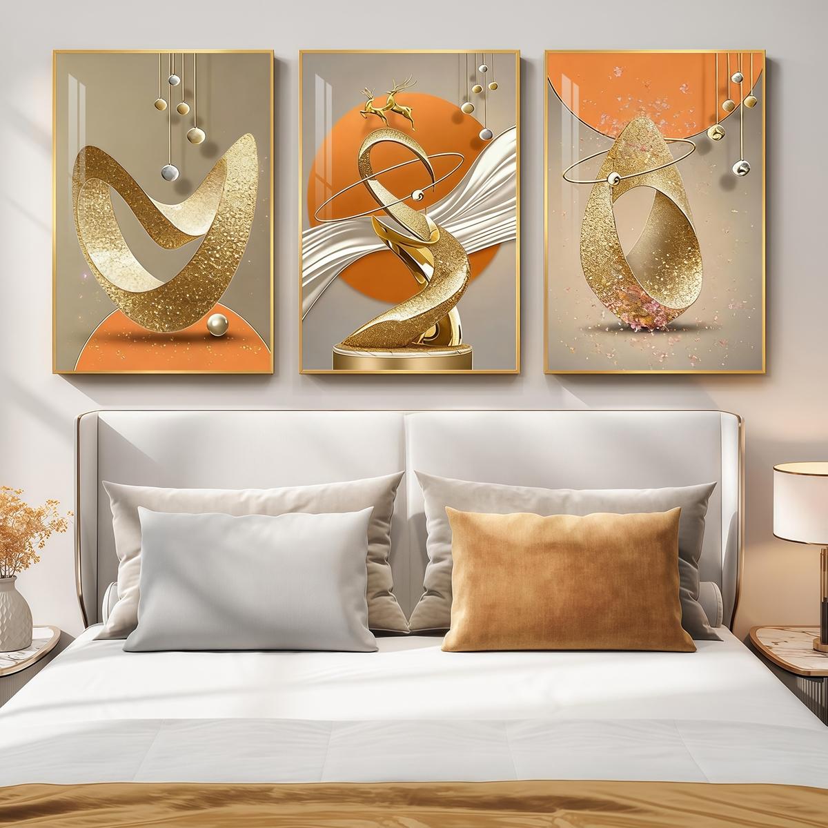 3 Counts Aluminum Alloy Framed Painting, Modern Abstract Golden Sculptural Art Pictures, Home Decoration For Living Room, Bedroom, Office, Restaurant, Hallway Wall Decor, Odorless Print Artwork, Luxury Perfect Gift For Friends And Family