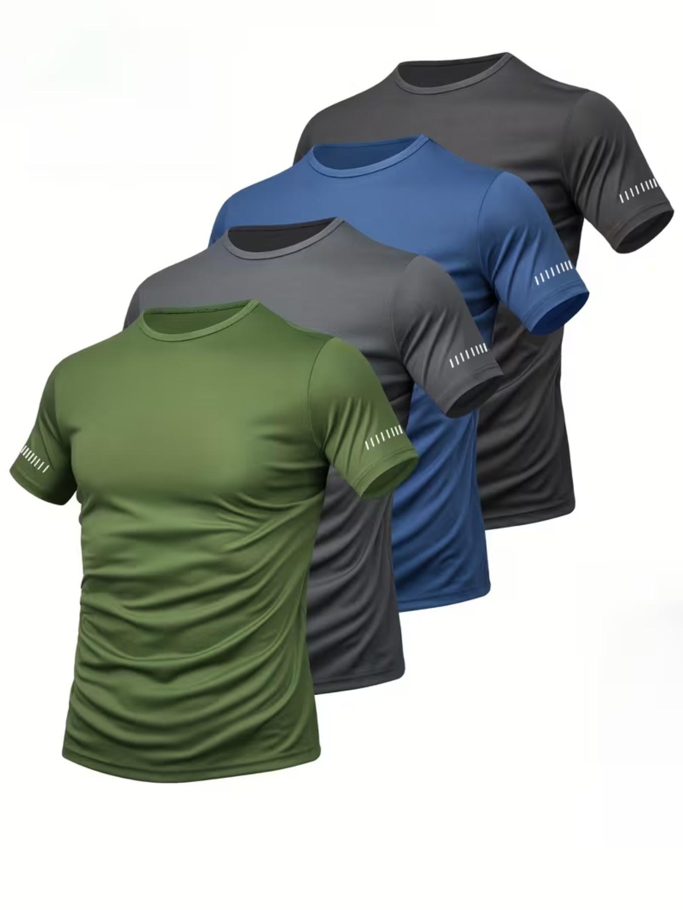 4-Pack Men's Sportswear Tees, Breathable Quick-Dry Round Neck, Reflective Stripes, Moisture-Wicking Polyester, Ideal for Running, Cycling, Gym