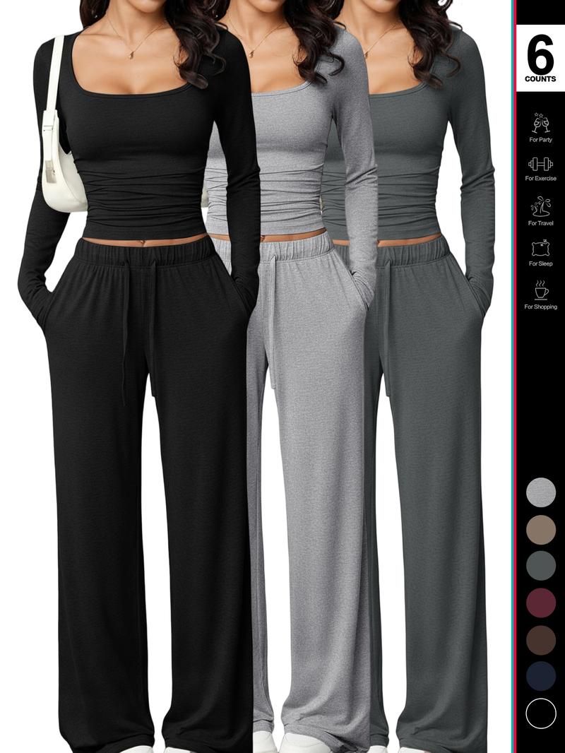Women's 2 Piece Matching Lounge Set, Square Neck Long Sleeve Crop Top, High Waisted Wide Leg Drawstring Pants, Casual Sweatsuit