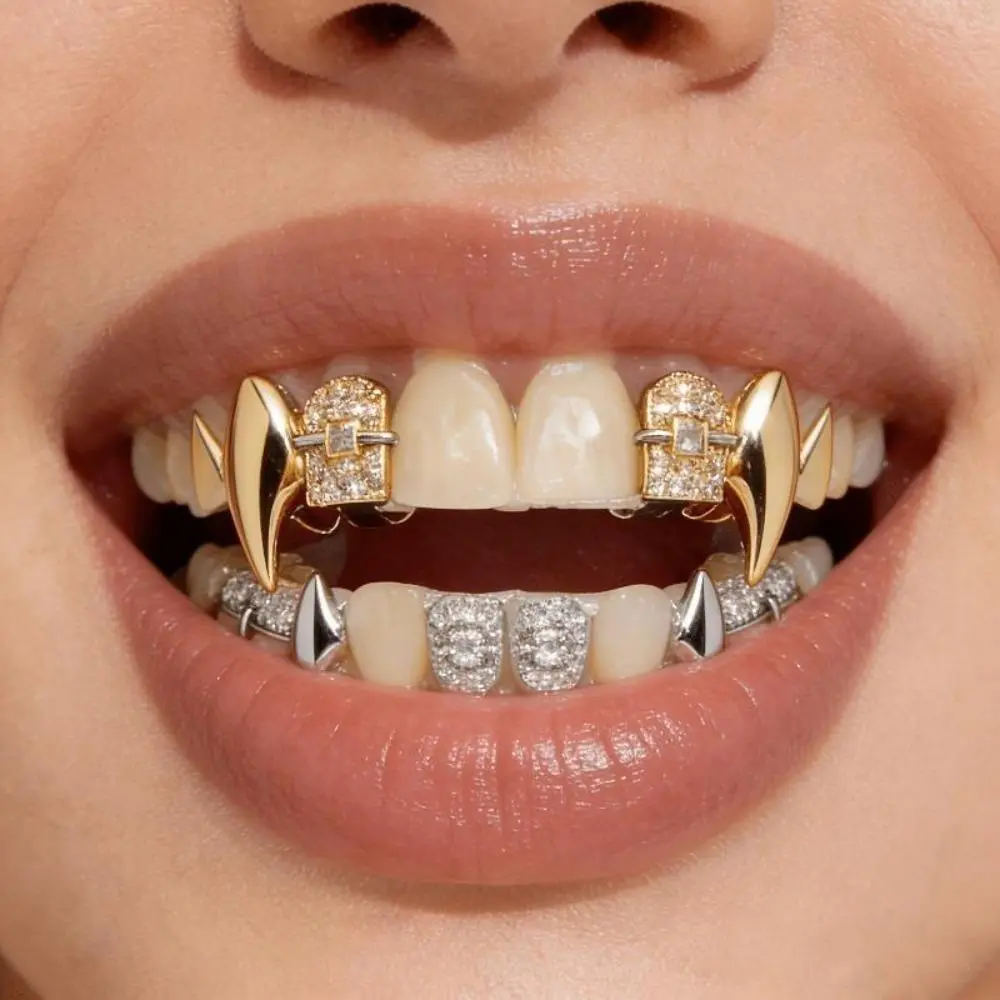 Golden Upper Teeth Grillz, 8-Piece Shiny Vampire-Style Set with Zirconia Gems, Fashion Dental Accessories for Halloween