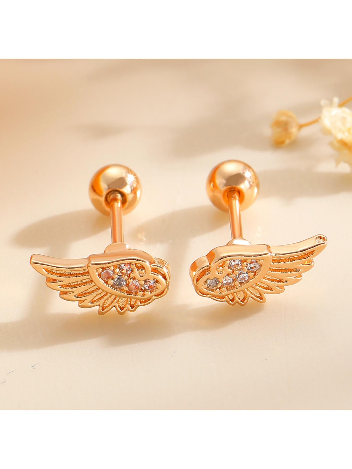 Angel Wings Design Couple Cartilage Piercing Ear Studs, Sweet and Cool Hot Girl Style Micro Inlaid Zirconia Earrings