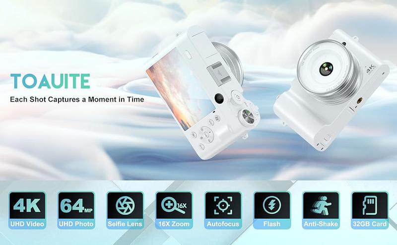 2025 Newest 64MP Vlogging Camera with Selfie Lens & Flash | Compact Travel Digital Camera  | Perfect Gift with 32GB Card & Battery Charger & Lanyard Included 【Pearl White】