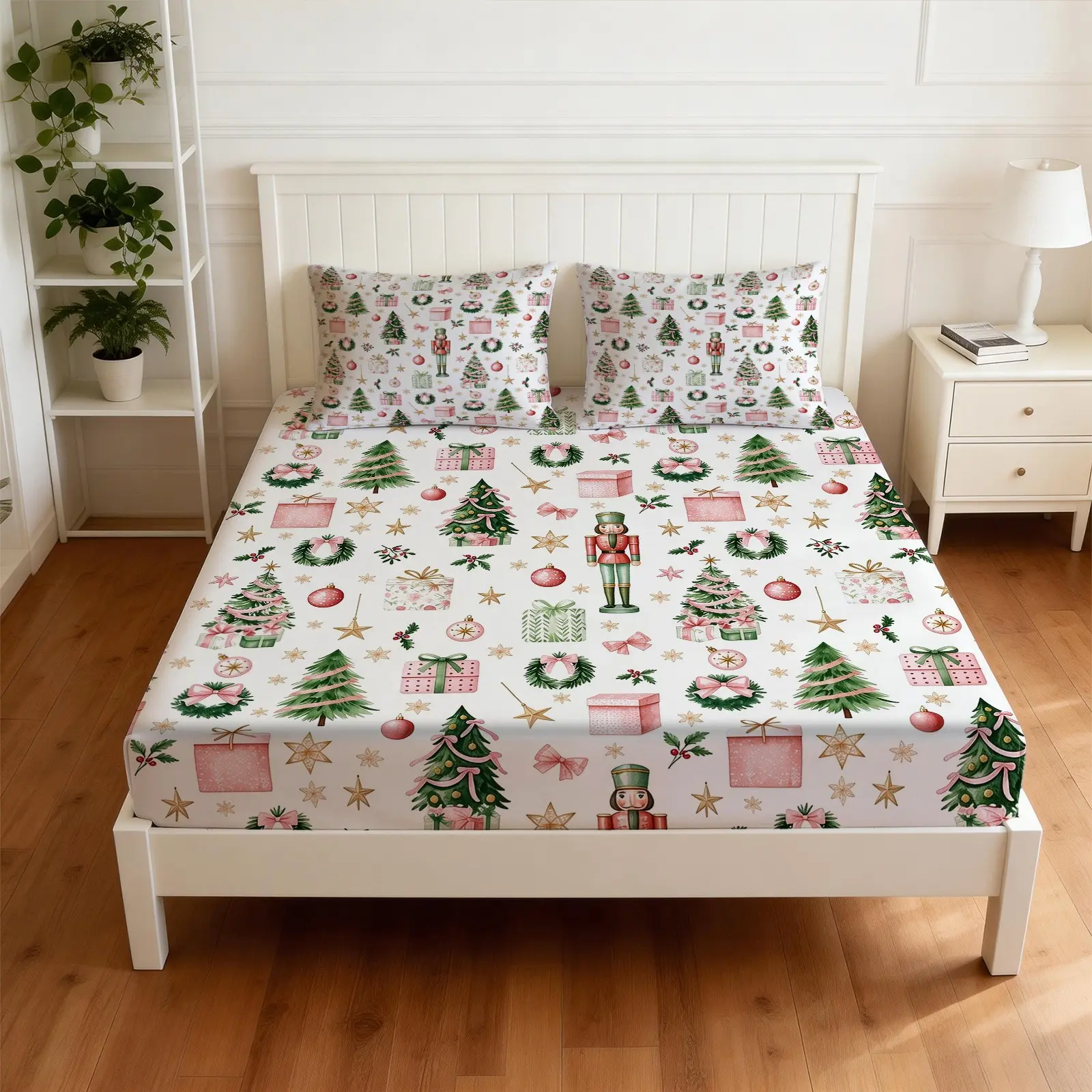 Pastel Pink Green Christmas Nutcracker Fitted Sheet Set 3 Pcs,Xmas Tree & Gift Pattern Bedding Set for Kids Boys Girls Room Decor,Cute Holiday Xmas Bed Sheet Set With 2 Pillowcases