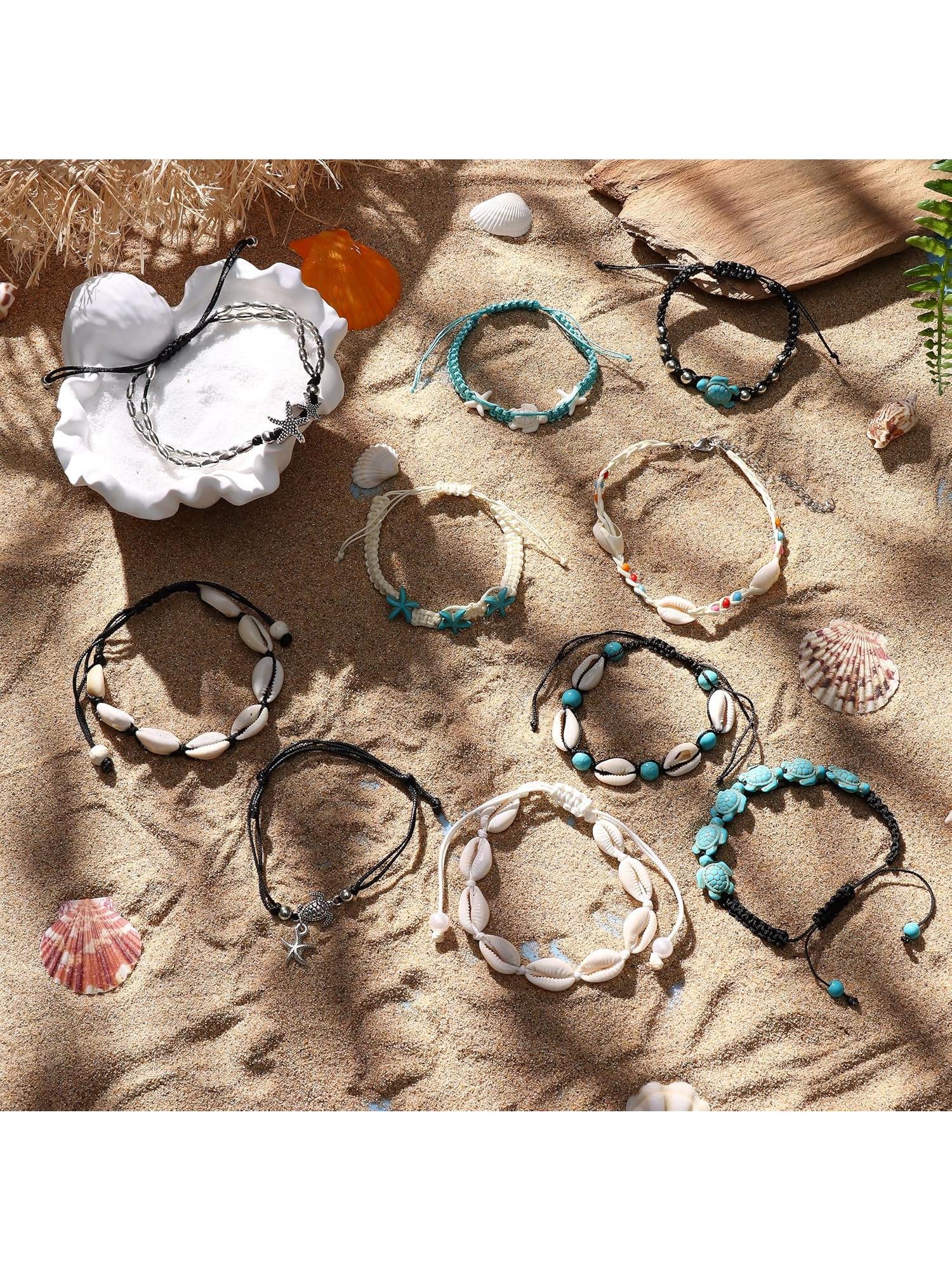 10PCS Shell Turtle Ankle Bracelets Handmade Boho Beaded Anklet Jewelry Adjustable Natural Cowrie Shell Beach Bead Anklet for Women