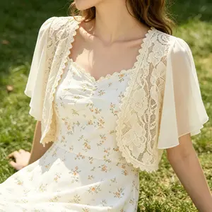 Plus Size Women Lace Open Front Cardigan, Summer Short Chiffon Shrug, Versatile Hollow Out Lace Shawl, Lightweight Casual Cover Up for Matching Dresses