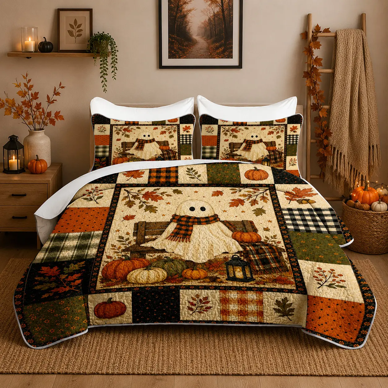 [Back to School] 3-Piece Autumn Ghost & Pumpkin Quilt Set, Farmhouse Patchwork Bedspread with 2 Pillow Shams, Soft Lightweight Wrinkle-Resistant Breathable Fade-Resistant All-Season Decorative Bedding Set for Queen/King Beds, Halloween Bedroom Decor