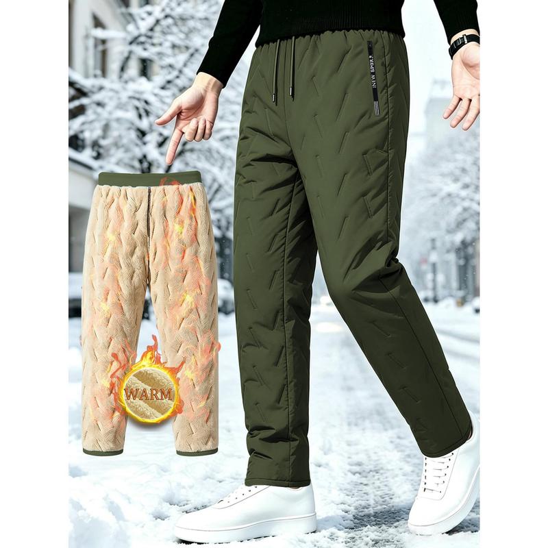 Men's Warm Straight Leg Pants for Autumn and Winter, Thick Wool Lined Windproof Padded Pants, Zipper Side Pockets Adjustable Drawstring Waist Warm Pants, Suitable for Outdoor Sports