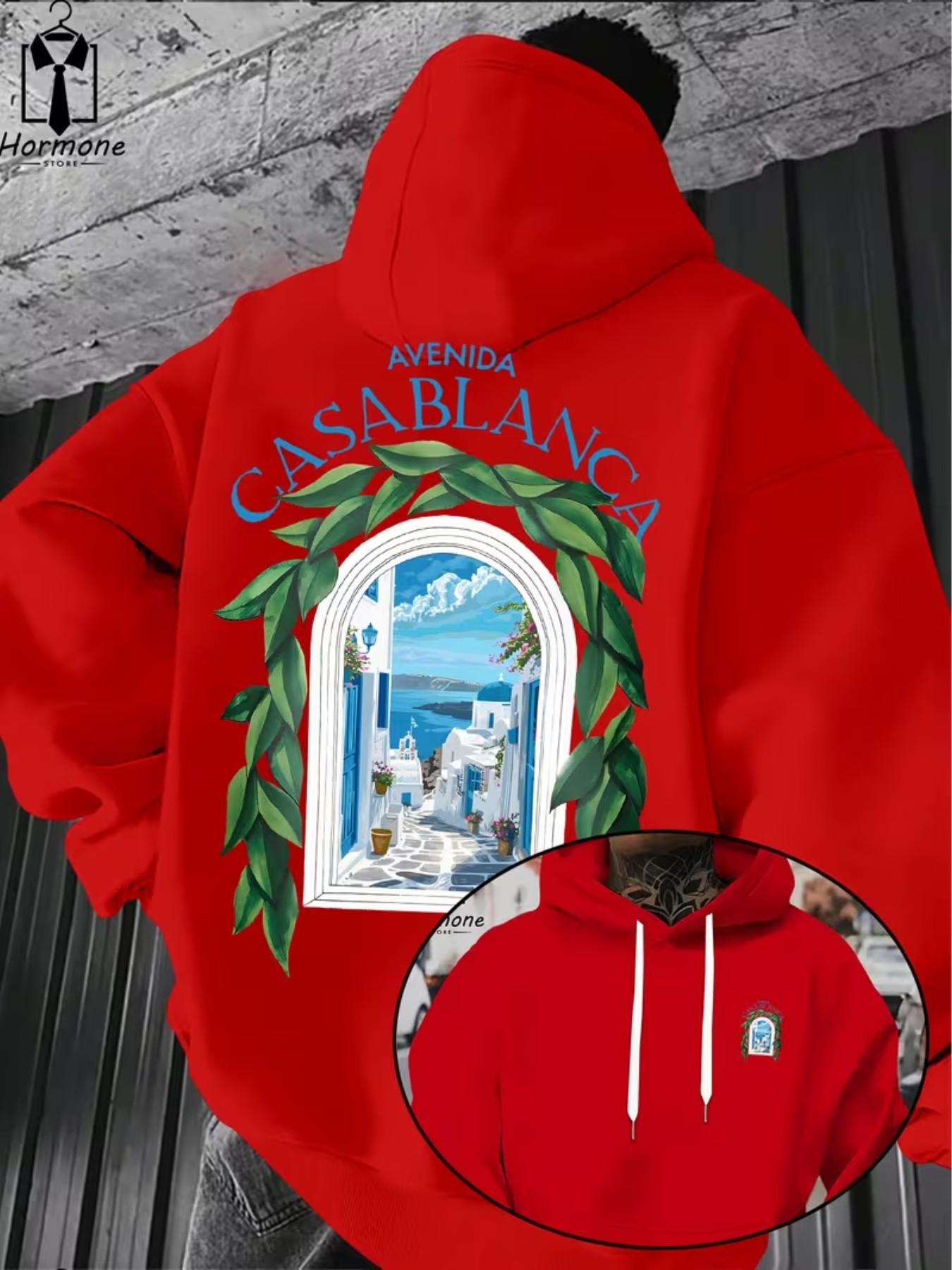 Men's Casual Hooded Sweatshirt, Avenida Casablanca Text & Landscape Print, Spring Fall Warm Pullover, Kangaroo Pocket Design