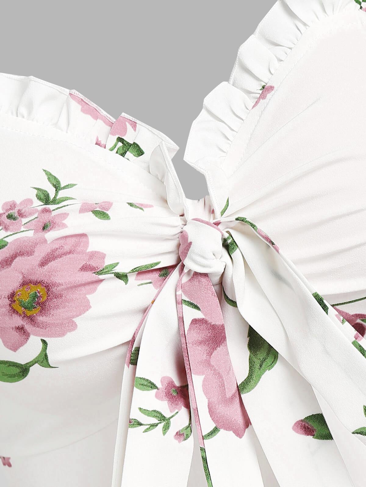 Women's Fashion Summer Dresses 2025 Floral Print Vacation Sundress Garden Party Dress Smock Back Ruffled Bowknot Mini Dress