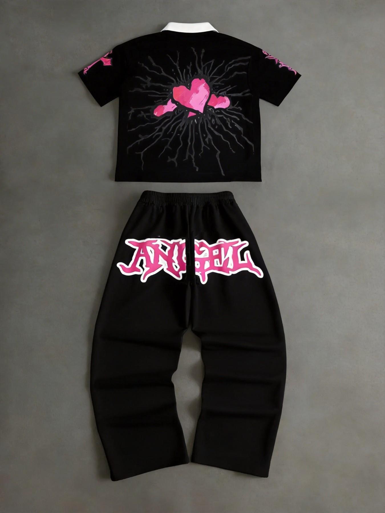 Y2K Streetwear Oversized Angel Graphic Polo Tracksuit Set, Gothic Pink Print 2 Piece Outfit, Casual Baggy Jogger Sweatpants & Crop Top, Harajuku Grunge Aesthetic Streetwear for Teen, Y2K Fashion 2026, Street Style Tracksuit
